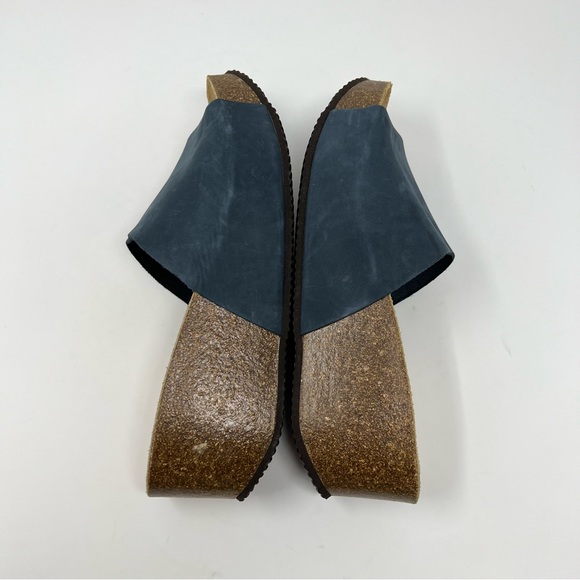 Bio Bio Platform Wedge Platform Sandals Blue Leather Cork Slip On Shoes Size 9.5 - Picture 7 of 11